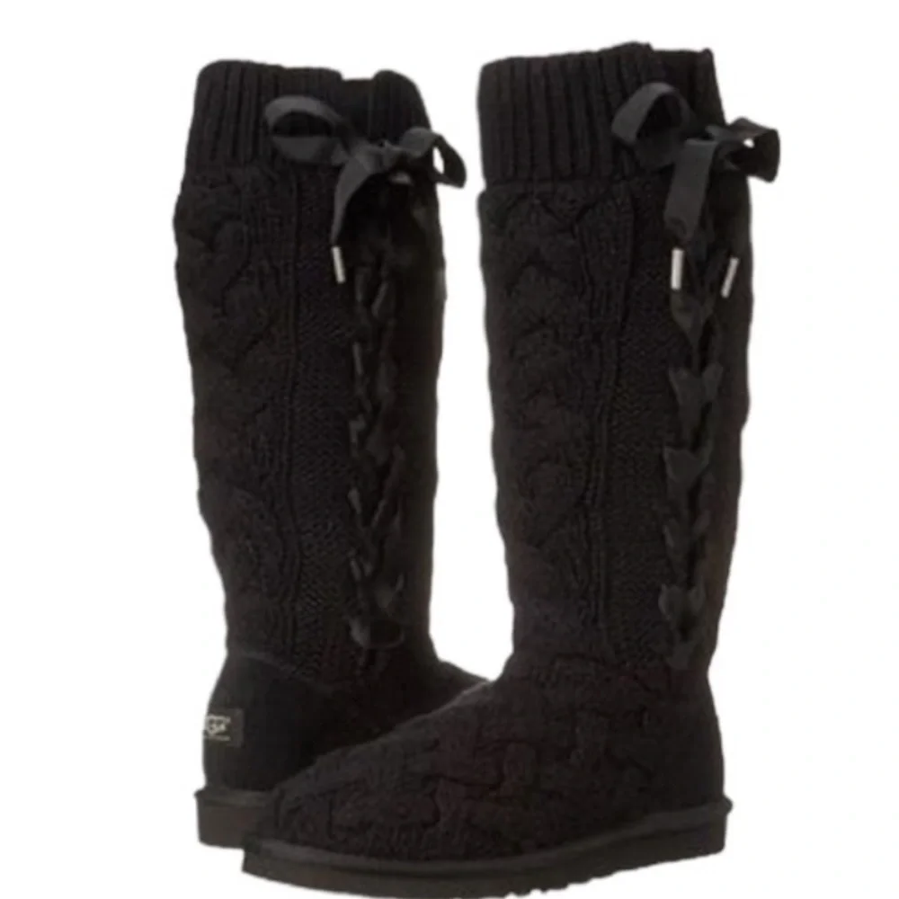 UGG Australia Mahayla Ribbon Black Tall Knit Boots Women’s Size 6